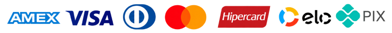 Aceitamos Pix, Visa, Mastercard, Elo, Hipercard e American Express
